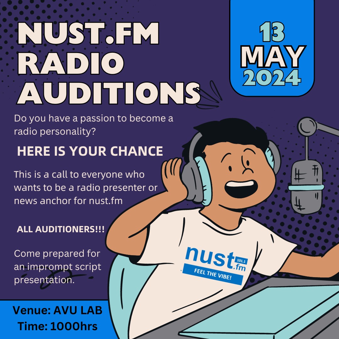 Dont miss out on this great opportunity, Nust fm could be the spring board you need to make your dreams come true. AVU is the building next to the Ceremonial Hall. #nustfm #radioauditions