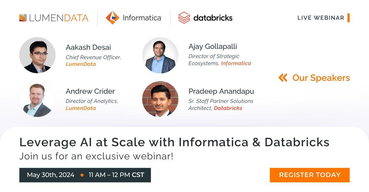 📢#WebinarAlert: Are you free on the 30th of May? Register for an exclusive discussion on 'Leverage AI at Scale with Informatica & Databricks.'

RSVP: lumendata.zoom.us/webinar/regist…

Learn how the platforms work together to ensure the success of AI initiatives.