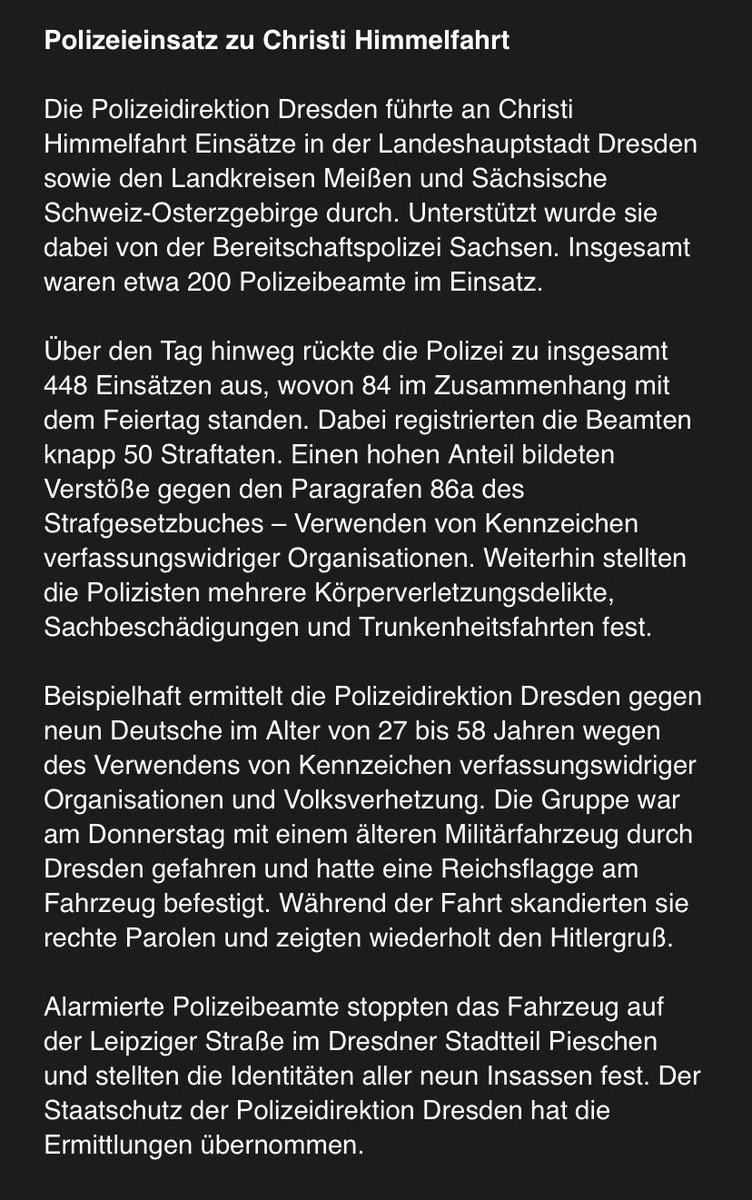Die Bilanz der Polizei zu #Männertag in #Dresden ist da: „Einen hohen Anteil bildeten Verstöße gegen den Paragrafen 86a des Strafgesetzbuches – Verwenden von Kennzeichen verfassungswidriger Organisationen.“ #Sachsen #dd0905