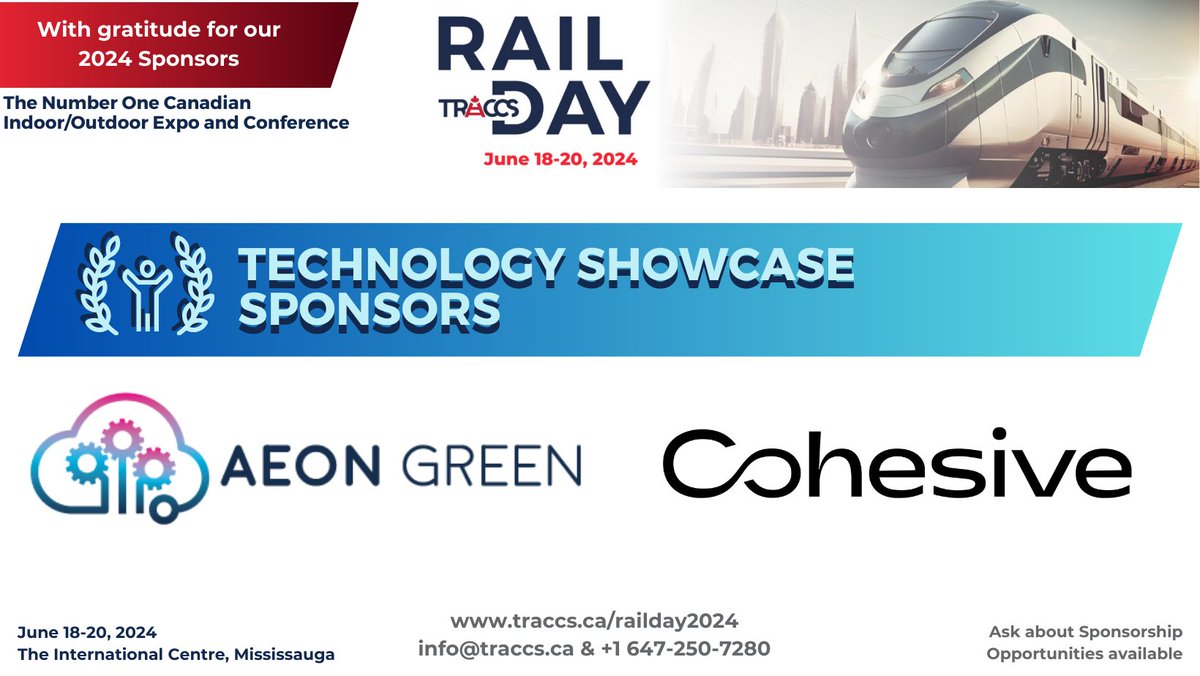 TRACCStransit's tweet image. We&apos;re deeply grateful for our #TechnologyShowcase Title #Sponsors, Aeon Green Limited and Cohesive !
making possible the BBQ closing event at #TRACCS #RailDay (June 18-20)

Get your #Free #tickets to attend here: 
traccs.ca/TRDtickets

#TransitRail #Railway #conference #TRD24