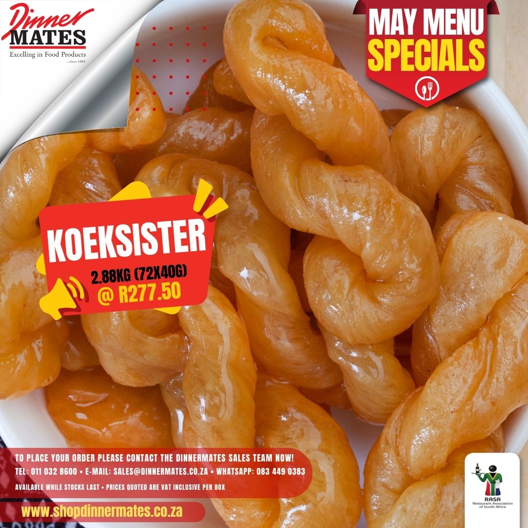 Koeksisters 2.88kg (72x40g) @ R277.50 per box! 🍯
Treat your customers to a burst of sweetness with our indulgent Koeksisters!

 #MayMenuSpecials #KitchenCreations #FoodieFinds #SpecialOffer #QualityAssurance #ConvenienceCooking #dinnermates #ommodigital
shopdinnermates.co.za
