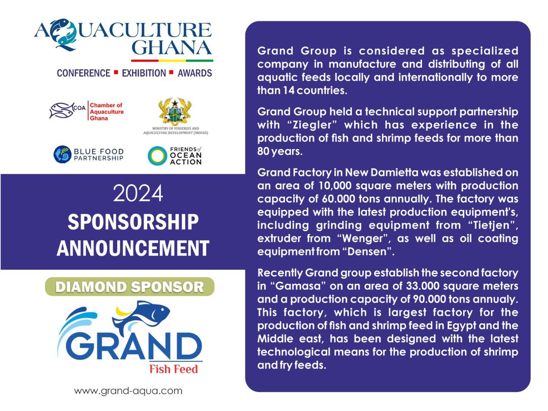 Introducing Egypt-based fish feed company, Grand Aqua for Fish Feed, our Diamond Sponsor for Aquaculture Ghana 2024 and notable contributions to Africa’s aquaculture industry.