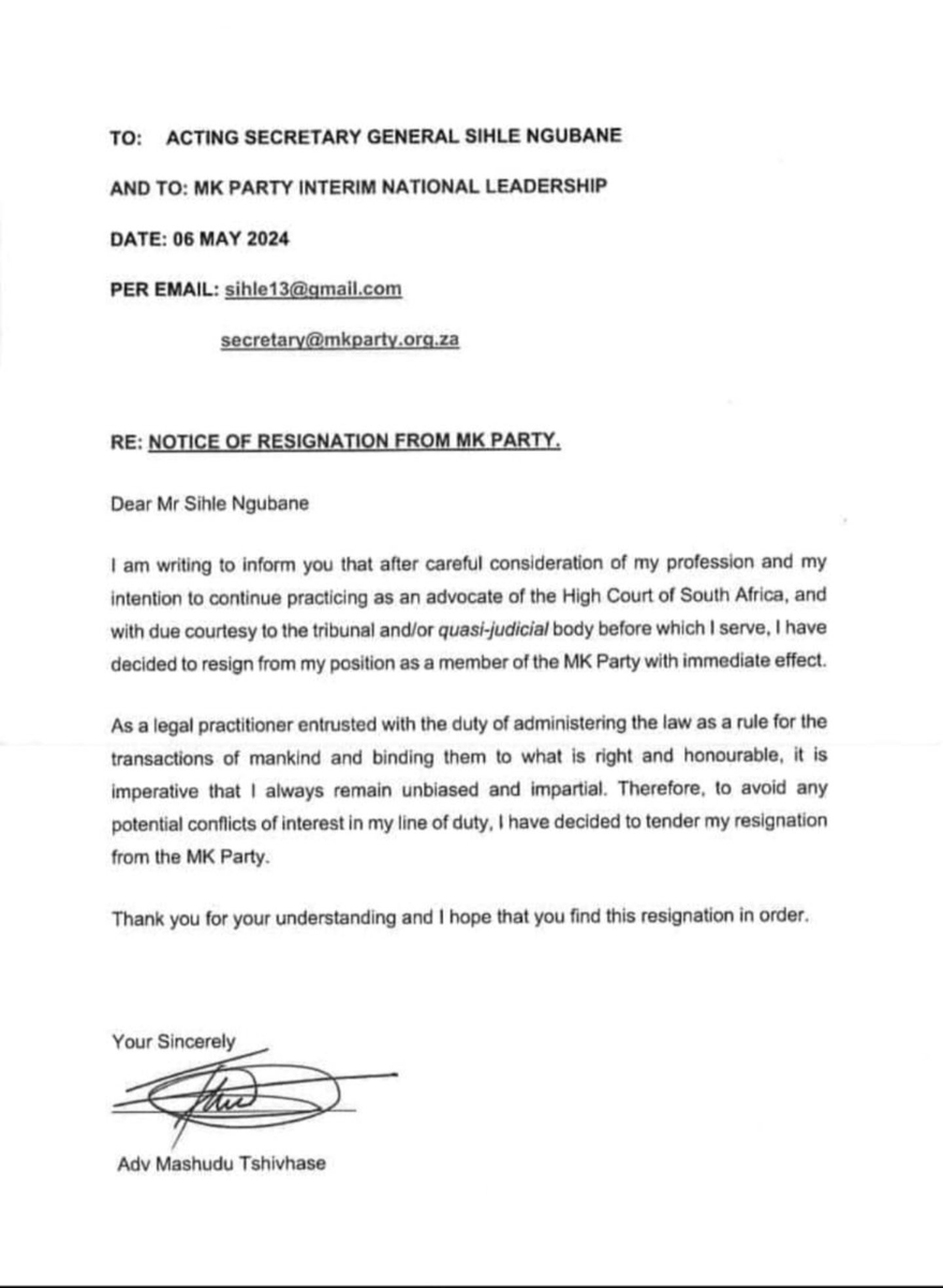 Adv Mashudu Tshivhase who was appointed on the 27th March 2024 to strengthen the Jacob Zuma faction of the MK Party on its way to imaginary “two thirds majority” has resigned with immediate effect.