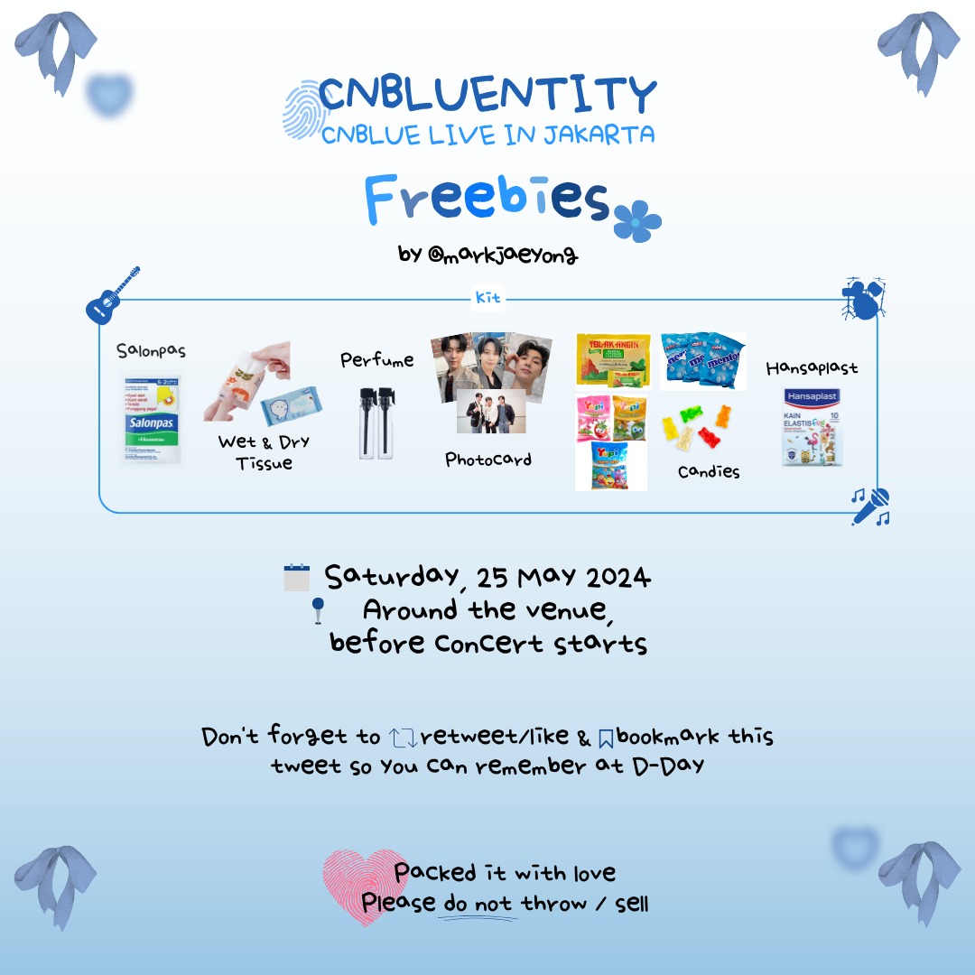 💙 Freebies CNBLUENTITY in Jakarta 💙
By @markjaeyong 
RT & Like are appreciated

📅 25 Mei 2024, sebelum konser
📍Sekitaran venue
 
Kita bertemu di venue yaaaaaaaa

Thank you BOICE 💙💙💙

#CNBLUE
#CNBLUENTITYinJakarta
