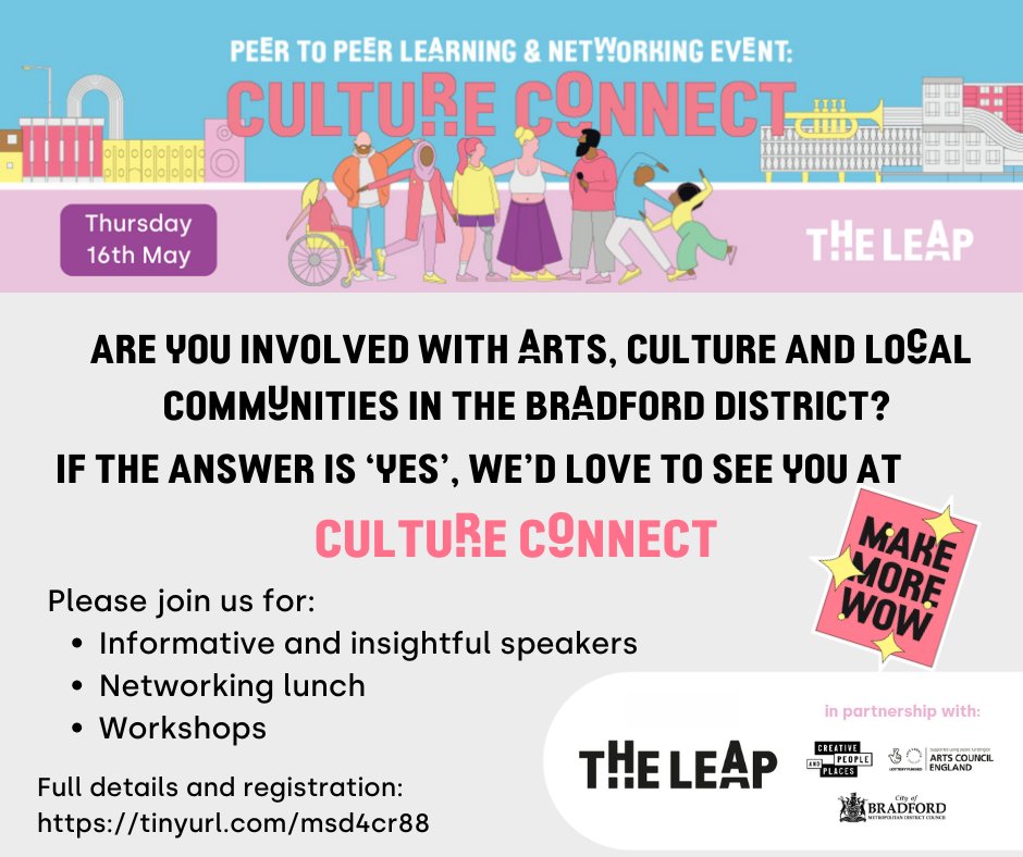 Culture Connect is taking place next Thursday. If you haven't already signed up now is the time to do it. Speakers, workshops, networking, curry! Full details here: tinyurl.com/msd4cr88 #Bradford #Arts #Culture #Community #Networking