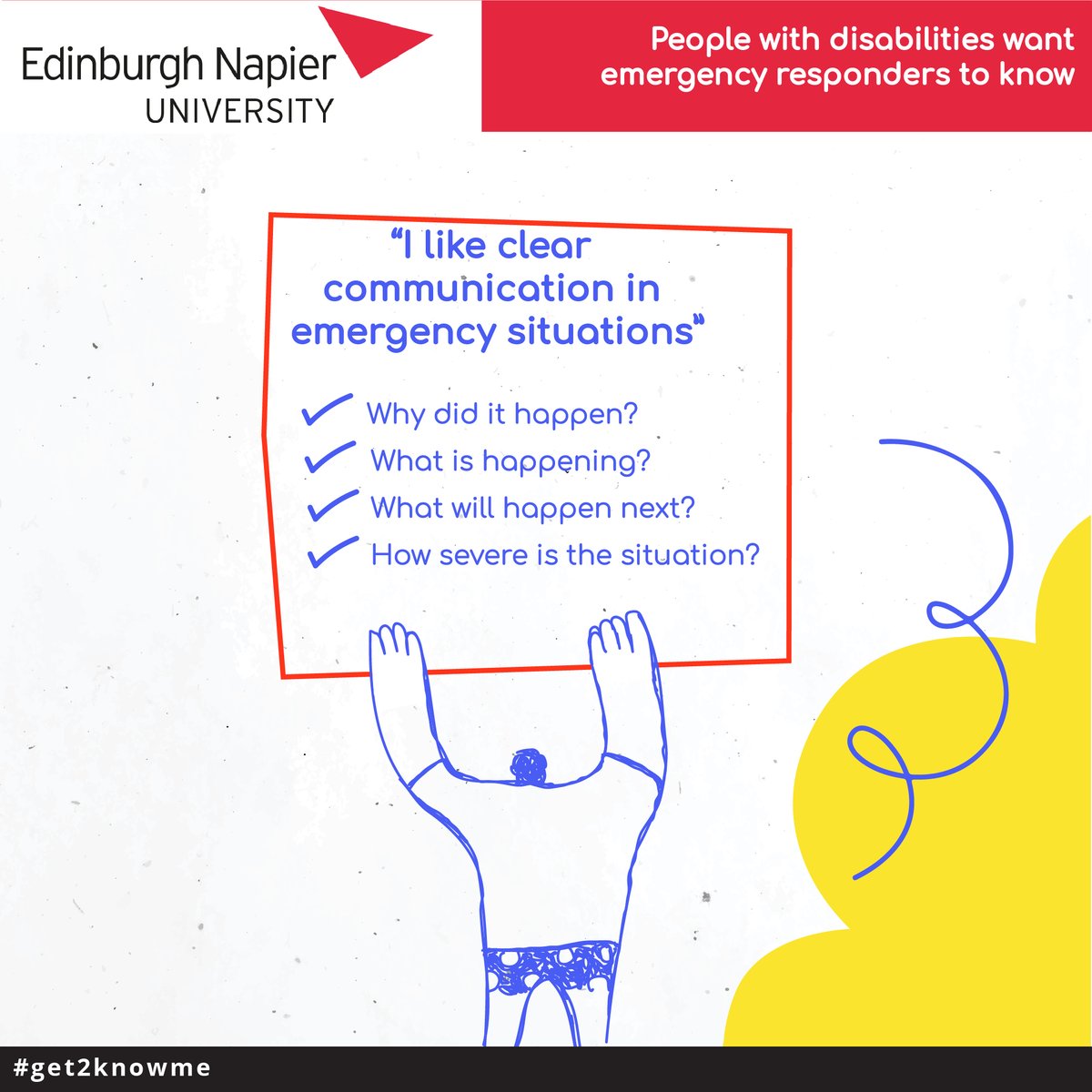 Researchers @EdinburghNapier launched the #get2knowme campaign this week to raise awareness on how to improve emergency services for people with learning disabilities. The campaign posters have been co-designed by people with learning disabilities.