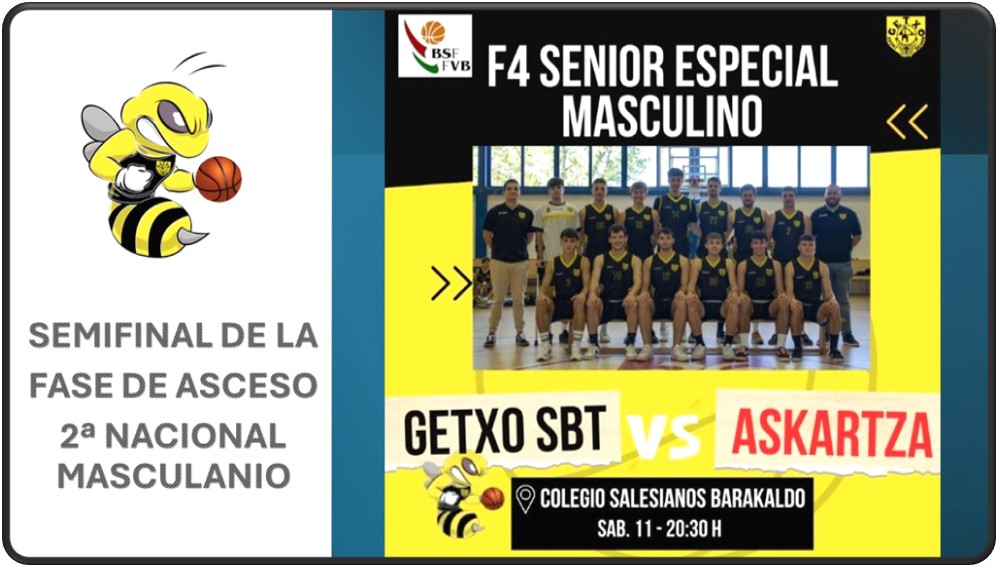 GetxoSaski's tweet photo. Este fin de semana tenemos F4 Senior Especial Masculino, donde se disputará el título de Bizkaia y el ascenso a 2ª Nacional Masculino.

🏀⛹️ GETXO SBT ESP 🆚 ASKARTZA CLARET ESP
 📢Semifinal 
📍Barakaldo, Colegio Salesianos Barakaldo,
⏰20:30

Sorte On!!!!!!  ⚫️🟡⚫️🟡 https://t.co/GYs34Lqmdt