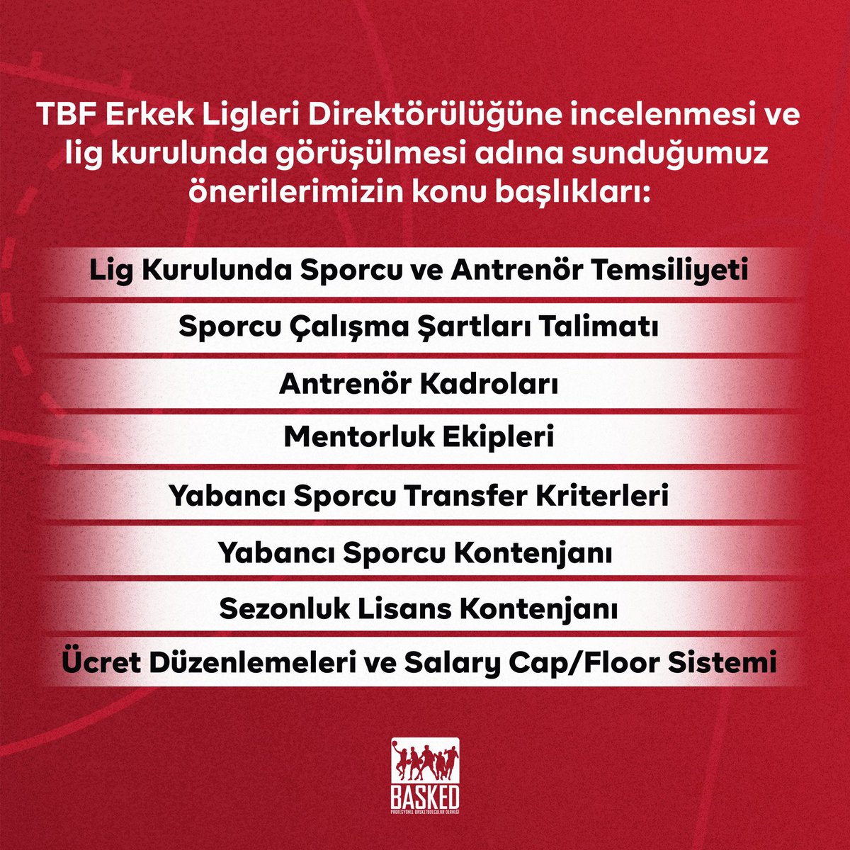 BASKED Yönetim Kurulu olarak, TBF Erkek Ligleri Direktörülüğüne incelenmesi ve lig kurulunda görüşülmesi adına önerilerimizi içeren bir dilekçe sunduk. 

Önerilerimizin konu başlıkları görseldeki gibidir. 

Dilekçemizi detaylı olarak incelemek için basked.com.tr/duyurular-basi…’i