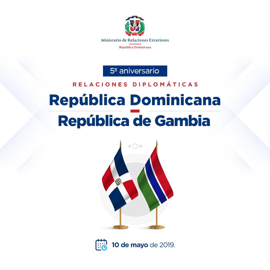 #RepúblicaDominicana 🇩🇴 y la República de #Gambia 🇬🇲 celebran hoy 10 de mayo, 5 años de amistad. El Gobierno dominicano ratifica su buena voluntad de seguir estrechando los vínculos entre ambos países para el fortalecimiento de nuestras relaciones bilaterales.