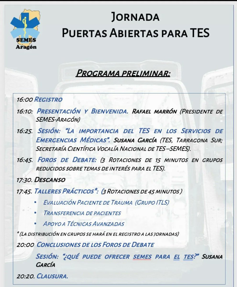 SEMES_Aragon's tweet photo. 📢📢🚨🚑 ¡Atención TES! Esto te interesa 👇🏼:

Desde SEMES Aragón vamos a realizar una  𝑱𝒐𝒓𝒏𝒂𝒅𝒂 𝒅𝒆 𝑷𝒖𝒆𝒓𝒕𝒂𝒔 𝑨𝒃𝒊𝒆𝒓𝒕𝒂𝒔 𝒑𝒂𝒓𝒂 𝑻𝑬𝑺.

🗓️ Jueves, 30 de mayo.
📍Hospital Militar, Zaragoza.
🌐 https://t.co/1XtlFjGbSP https://t.co/D4BsEugQ2p
