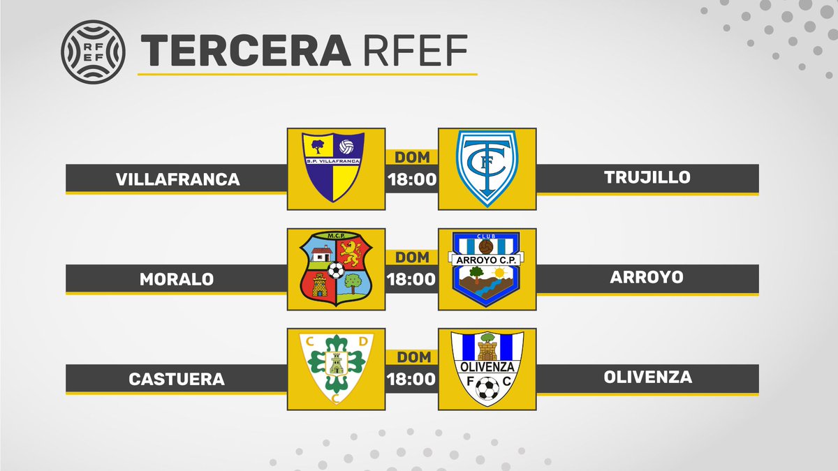¡DOMINGO APASIONANTE DE FÚTBOL Y RADIO!

⏰ Domingo de 17:30 a 20:30

⚽️ <a href="/SPV_OFICIAL/">SP VILLAFRANCA (cuenta oficial)</a> - <a href="/Trujillo_CF/">CF Trujillo</a> 
⚽️ <a href="/MORALO_CP/">MORALO CP</a> - <a href="/arroyo_cp/">Arroyo Club Polideportivo 💙</a> 
⚽️ <a href="/CastueraCd/">𝗖.𝗗. 𝗖𝗔𝗦𝗧𝗨𝗘𝗥𝗔 𝗦.</a> - <a href="/OlivenzaF_C/">Olivenza F.C.</a> 

📢 Vive este domingo la emoción de la lucha por el playoff y la permanencia en <a href="/enjuegoCEX/">Extremadura en Juego</a> .
