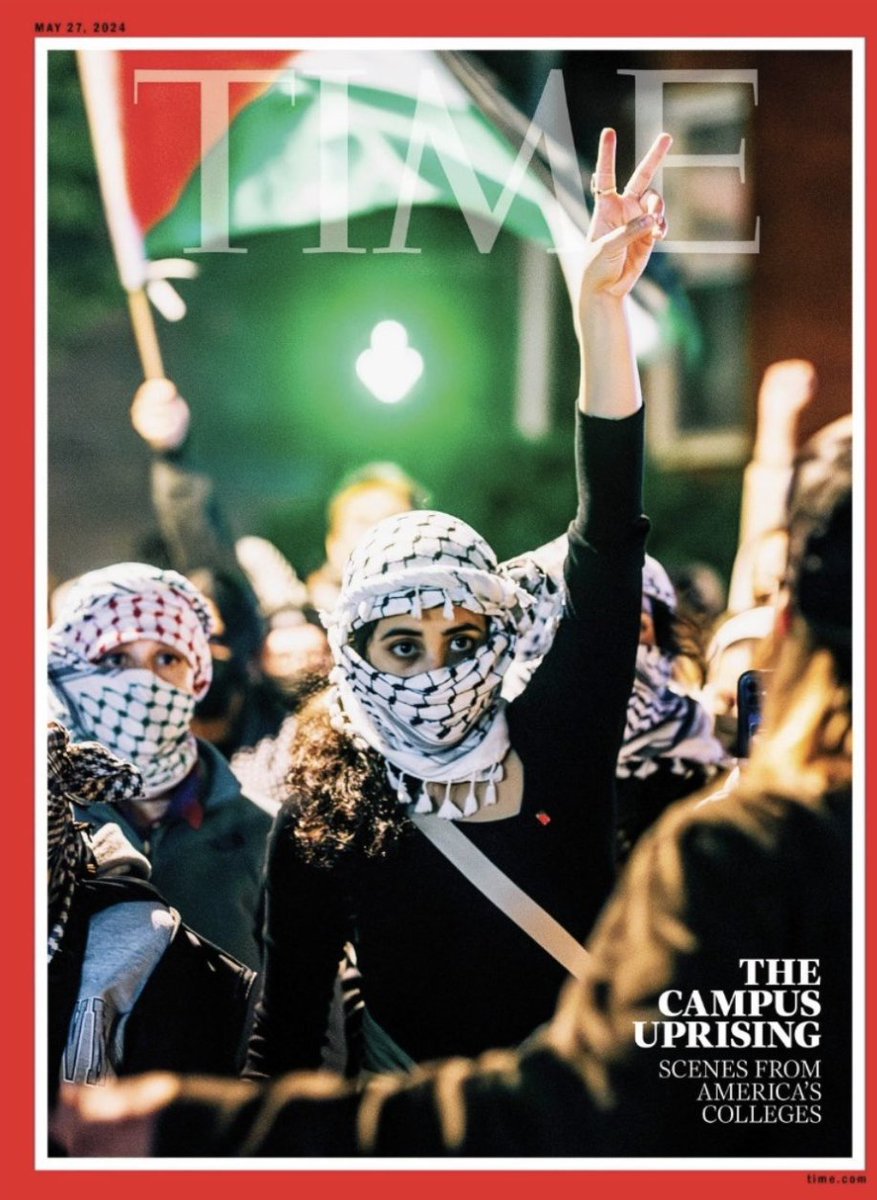 The campus protestors are in aggregate magnificent and this cover is going to delight everyone under 50 while terrifying America's Boomers who are afraid of keffiyehs and Arabic words.