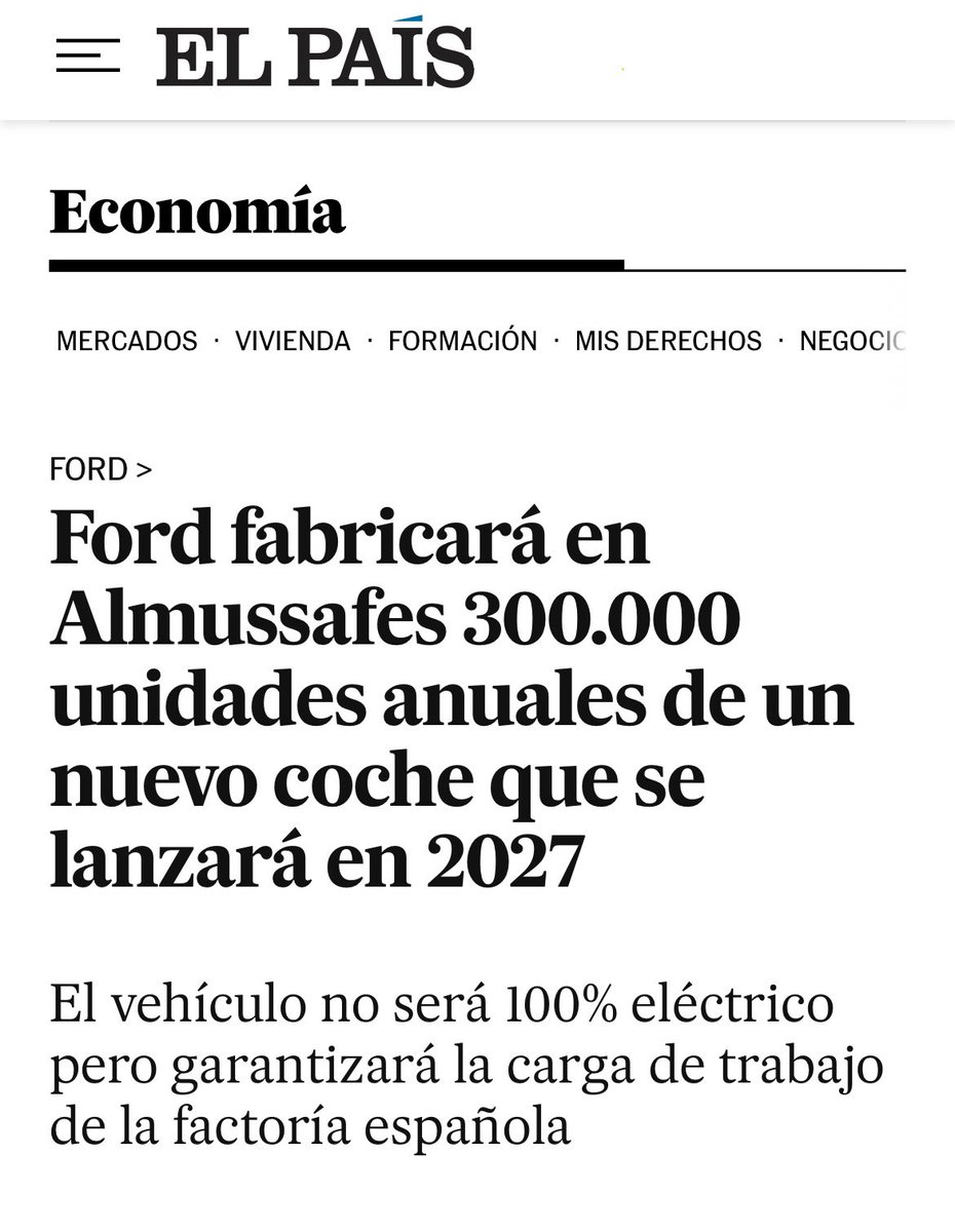 La apuesta por la reindustrialización del Gobierno y @FordSpain nos da hoy una gran noticia. Ford Almussafes producirá 300.000 unidades de su nuevo modelo que se lanzará en 2027 y que garantiza empleo y futuro en la Comunitat Valenciana.