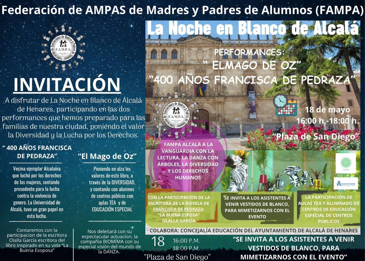 FAMPA de Alcalá invita a todas las familias a asistir al gran evento de “LA NOCHE EN BLANCO” ⚪️Anímate a venir vestido de blanco PROGRAMA⬇️ culturalcala.es/noche-en-blanc…