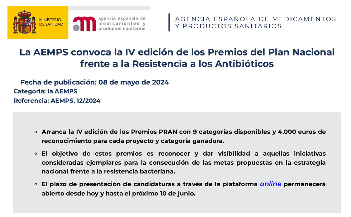 💊🦠IV Ed. Premios del Plan Nacional frente a la Resistencia a los Antibióticos @PRANgob Presenta tu iniciativa, proyecto o publicación científica sobre #resistenciasantibioticos antes del 10 de junio aemps.gob.es/informa/la-aem…