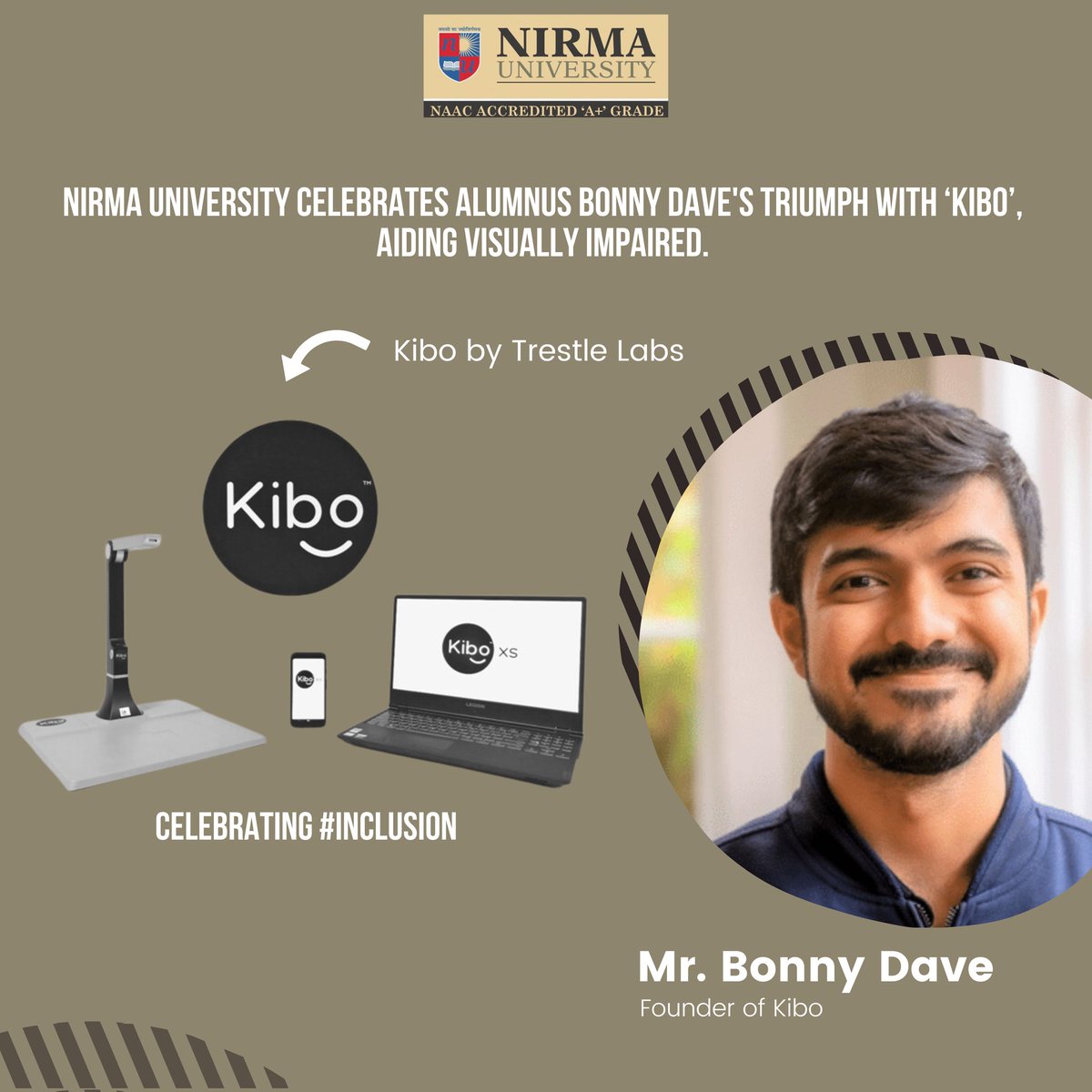 Nirma University is proud on alumnus @BonnyDave09's triumph! Co-founder of Kibo, an AI tool aiding the visually impaired. Partnered with T-Series for 'Srikanth.' Impressive win on Shark Tank India! #NirmaUniversity #Proud #Kibo #Srikanth #SharkTankIndia #RajkumarRao #NirmaUni
