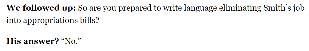 Also worth noting that @playbookdc ferreted out an important admission from Mike Johnson here: The GOP House will not act on MAGA demands for writing language into approps bills that eliminates the special counsel's office.