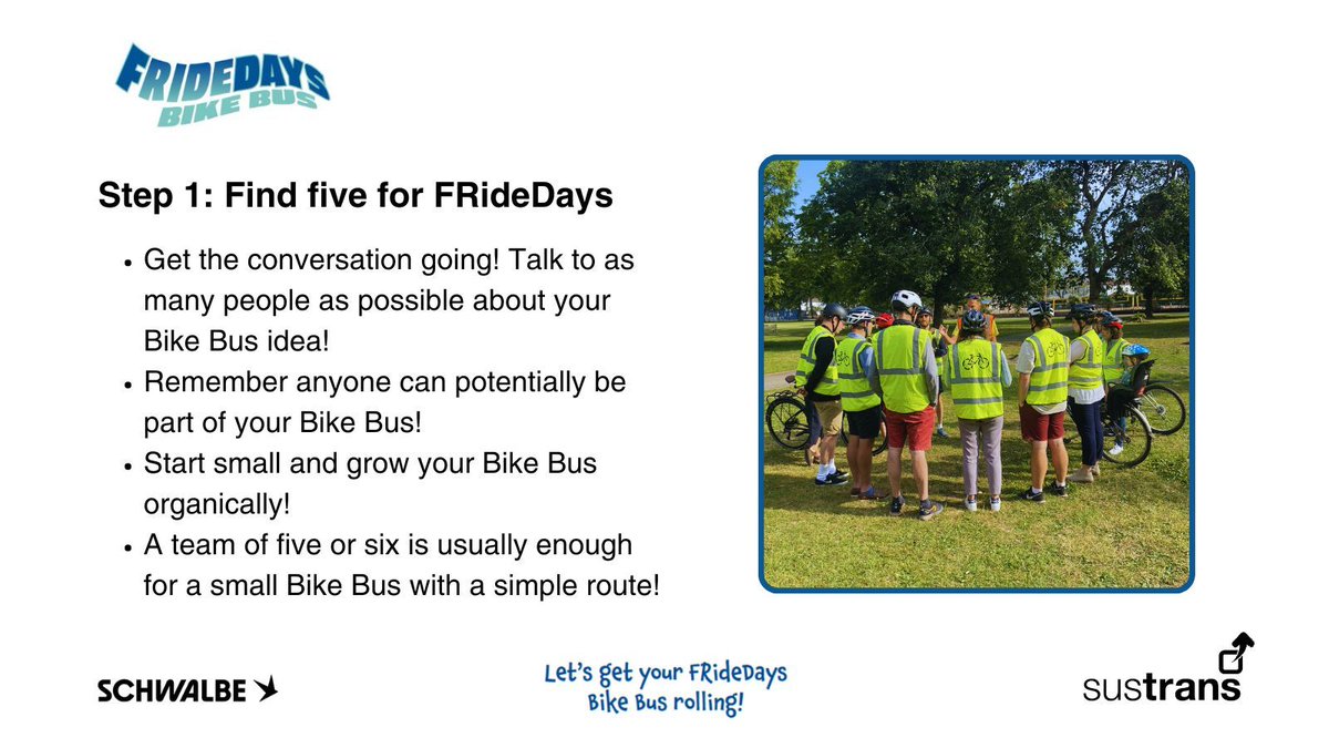 In our FREE FRIdeDays Bike Bus toolkit we identify five steps to getting your bike bus rolling! 🚲 Download the toolkit here👉 buff.ly/3P74WDo and get in touch with the #FRideDays #Bikebus team for advice and support! @schwalbeUK @sustrans #fridaywecycle