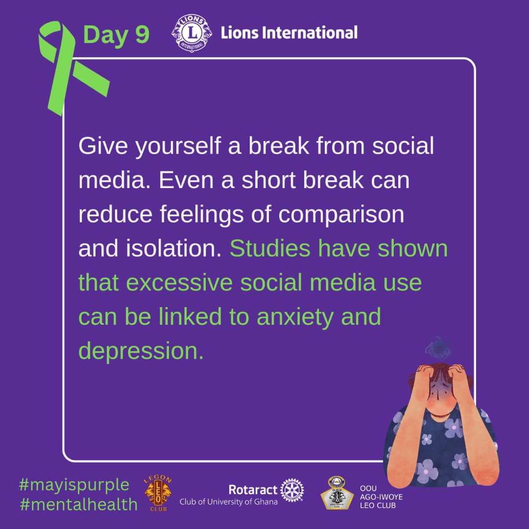 Day 6,7,8 and 9 of our daily menta Health challenge.

#30-daymentalhealthchallenge  #digitaldetox
#LionsClubInternational 
#LegonLeoClub
#RotaractClub
#OOUAgo-IwoyeLeoClub