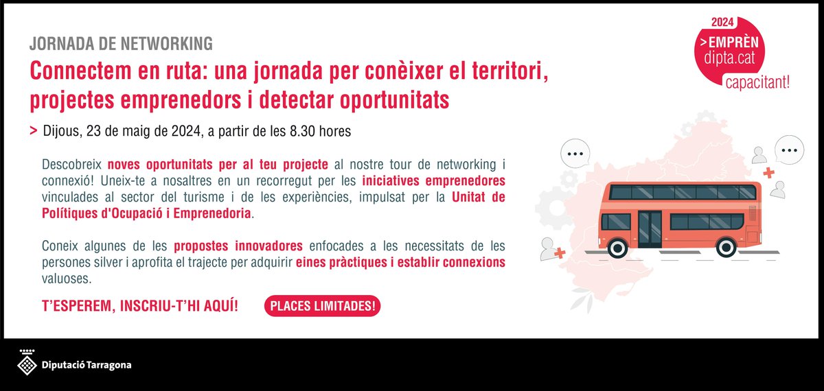 #EmprènDipta 🔴 Apunta't a la jornada 'Connectem amb ruta' i descobriràs diverses iniciatives emprenedores #RuralSilver del sector turístic de la demarcació de #Tarragona ℹ Inscripcions: dipta.cat/agenda/cultura… #Montferri #MóralaNova #LaFatarella #HortadeSantJoan
