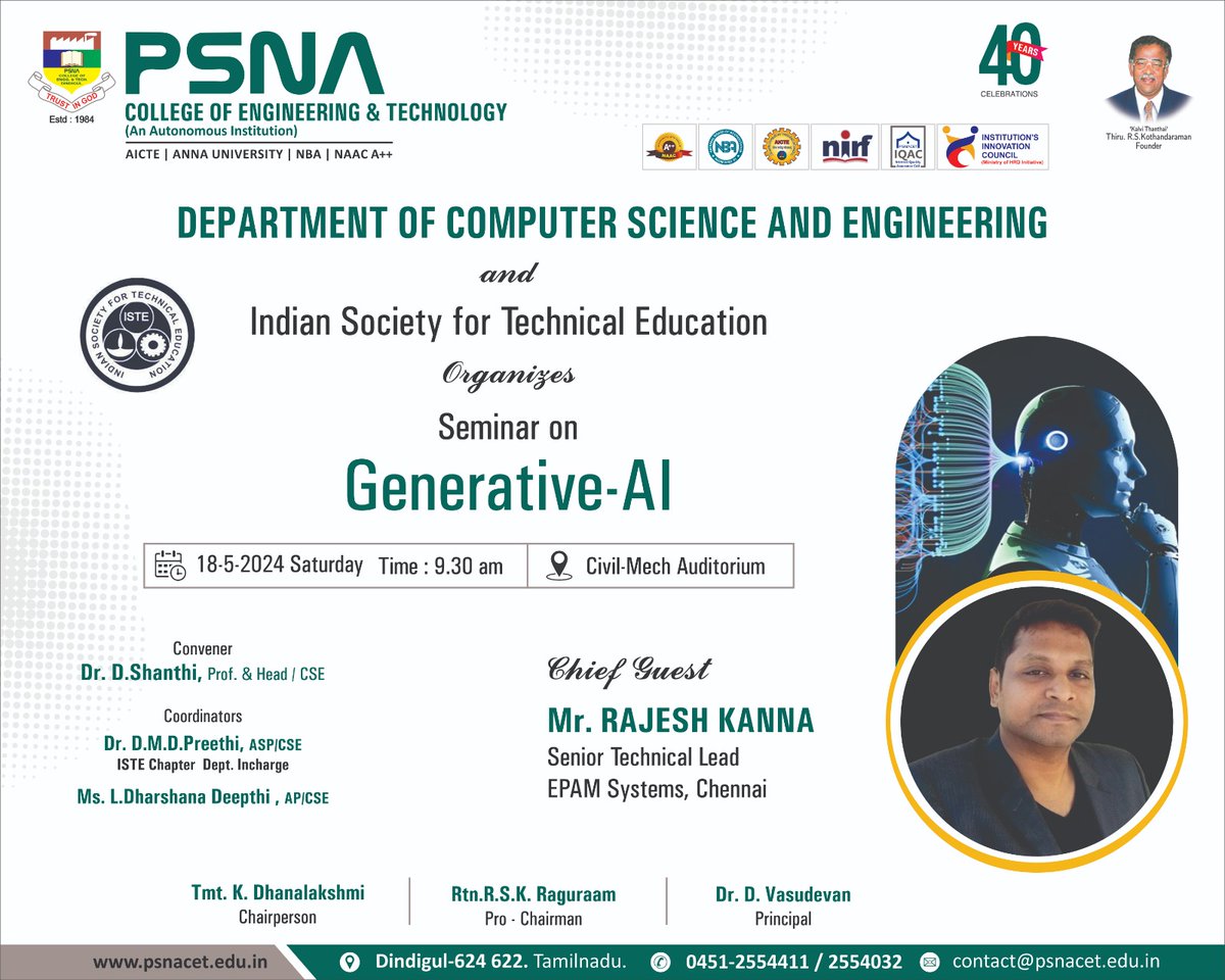 csepsnacet's tweet image. 𝐃𝐞𝐩𝐚𝐫𝐭𝐦𝐞𝐧𝐭 𝐨𝐟 𝐂𝐨𝐦𝐩𝐮𝐭𝐞𝐫 𝐒𝐜𝐢𝐞𝐧𝐜𝐞 𝐚𝐧𝐝 𝐄𝐧𝐠𝐢𝐧𝐞𝐞𝐫𝐢𝐧𝐠in association with 𝐈𝐒𝐓𝐄 𝐜𝐡𝐚𝐩𝐭𝐞𝐫 organizes a Seminar on &quot;𝐆𝐞𝐧𝐞𝐫𝐚𝐭𝐢𝐯𝐞-𝐀𝐈&quot; for CSE students 𝐨𝐧 𝟏𝟖.𝟓.𝟐𝟒 𝐚𝐭 𝟗.𝟑𝟎𝐚𝐦 𝐚𝐭 𝐂𝐢𝐯𝐢𝐥-𝐌𝐞𝐜𝐡 𝐀𝐮𝐝𝐢𝐭𝐨𝐫𝐢𝐮𝐦.