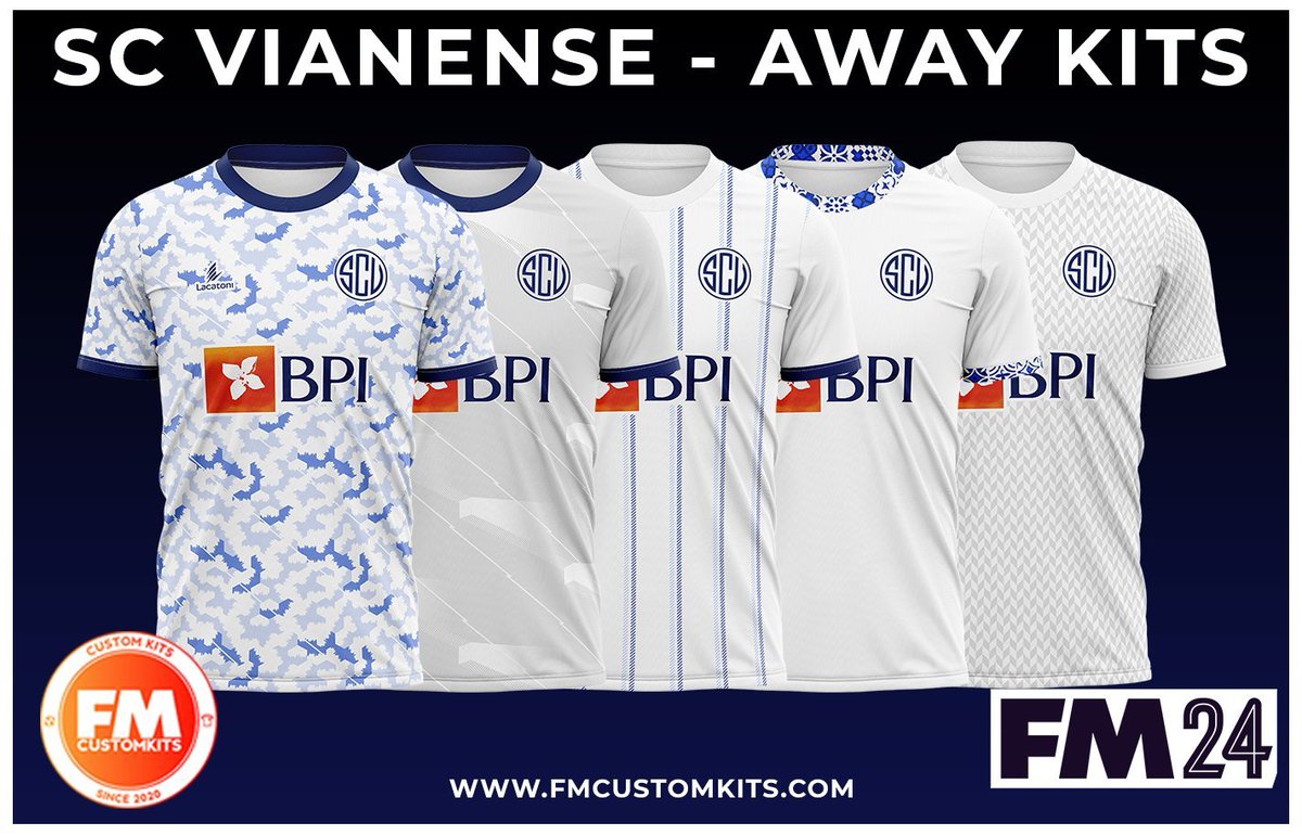 Another collab released ☑️ @fmcustomkits X @CharooFM 🇸🇪 5 4K sets for his new #FM24 save with @sc_vianense 🇵🇹 Thanks to Robin for his trust in my work since almost 3 years ❤️ On to the next! 🚀 Any bespoke kits for your #FootballManager save can be asked via our website 🖥️