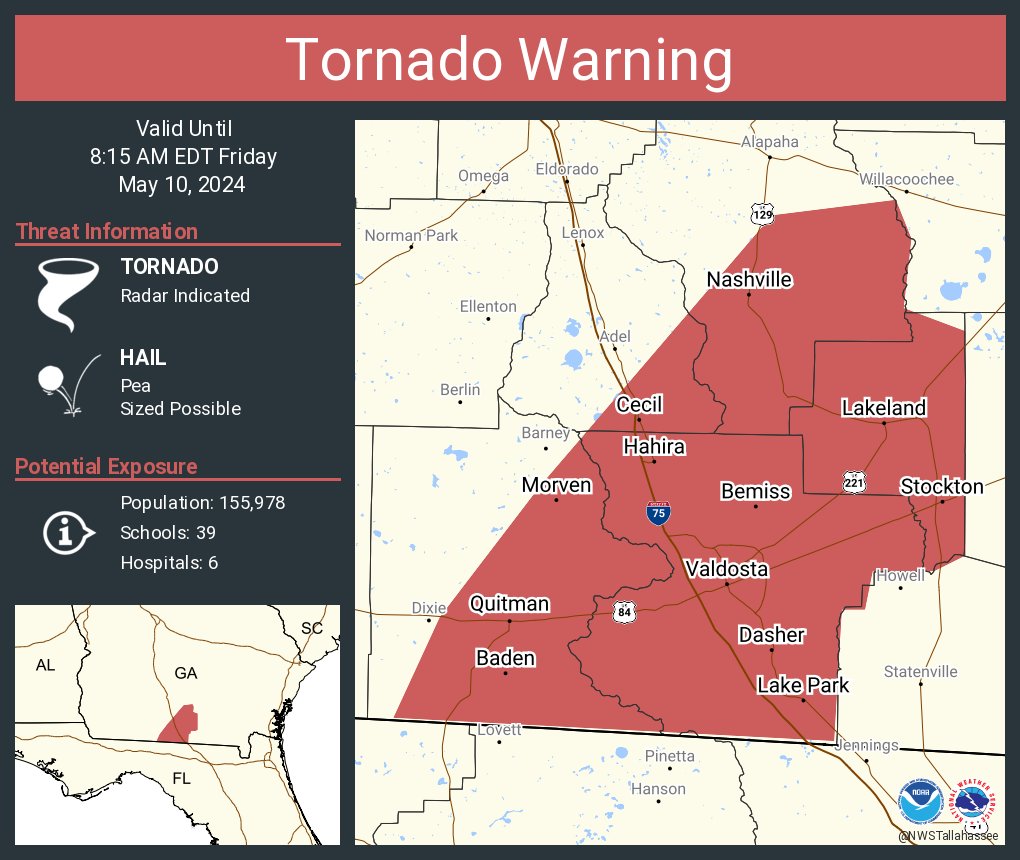 Tornado Warning continues for Valdosta GA, Nashville GA and  Quitman GA until 8:15 AM EDT