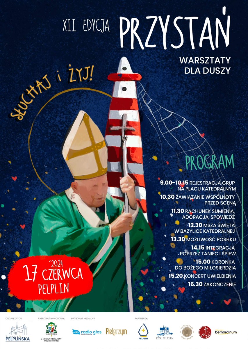 Każdego roku przed wakacjami zapraszamy młodzież z naszej  diecezji do Pelplina na Przystań – Warsztaty dla duszy. Tegoroczna XII  edycja odbędzie się w poniedziałek 17 czerwca 2024 r. przed zakończeniem  roku szkolnego. Więcej  tinyurl.com/przystan24