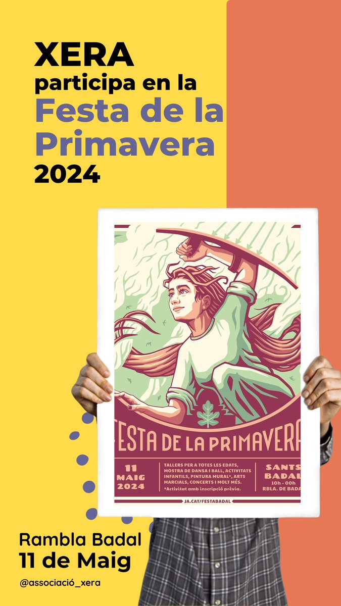 Associacio_Xera's tweet photo. Demà t'esperem a la FESTA DE LA PRIMAVERA de #Sants #Badal ! 🌸Prepara't per a un dia sencer ple d'activitats, tallers artístics i esportius, actuacions de dansa, concerts i molt més! 🎉
📍 Rambla Badal 
🗓️ Dissabte 11 de maig
🕐 De 10h a 00h

#xarxabadal https://t.co/ZEGZu99VvQ