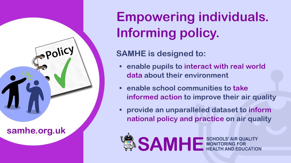 #SAMHE helps #UKpupils understand the quality of their air and what they can do to improve it. But that is not enough, and not the whole story. SAMHE is a huge scientific study to inform national action on #AirQuality in #UKschools. Sign up by 31 May: samhe.org.uk