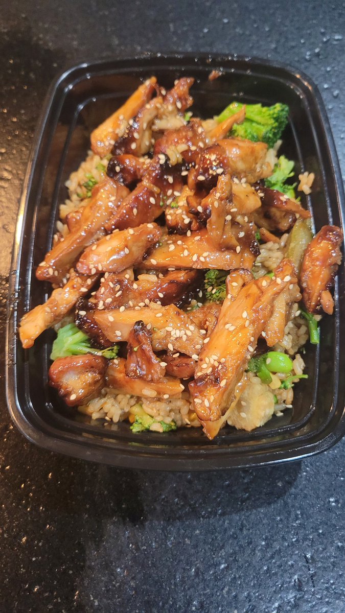 Lunch/Dinner Grilled chicken with teriyaki and brown fried rice.