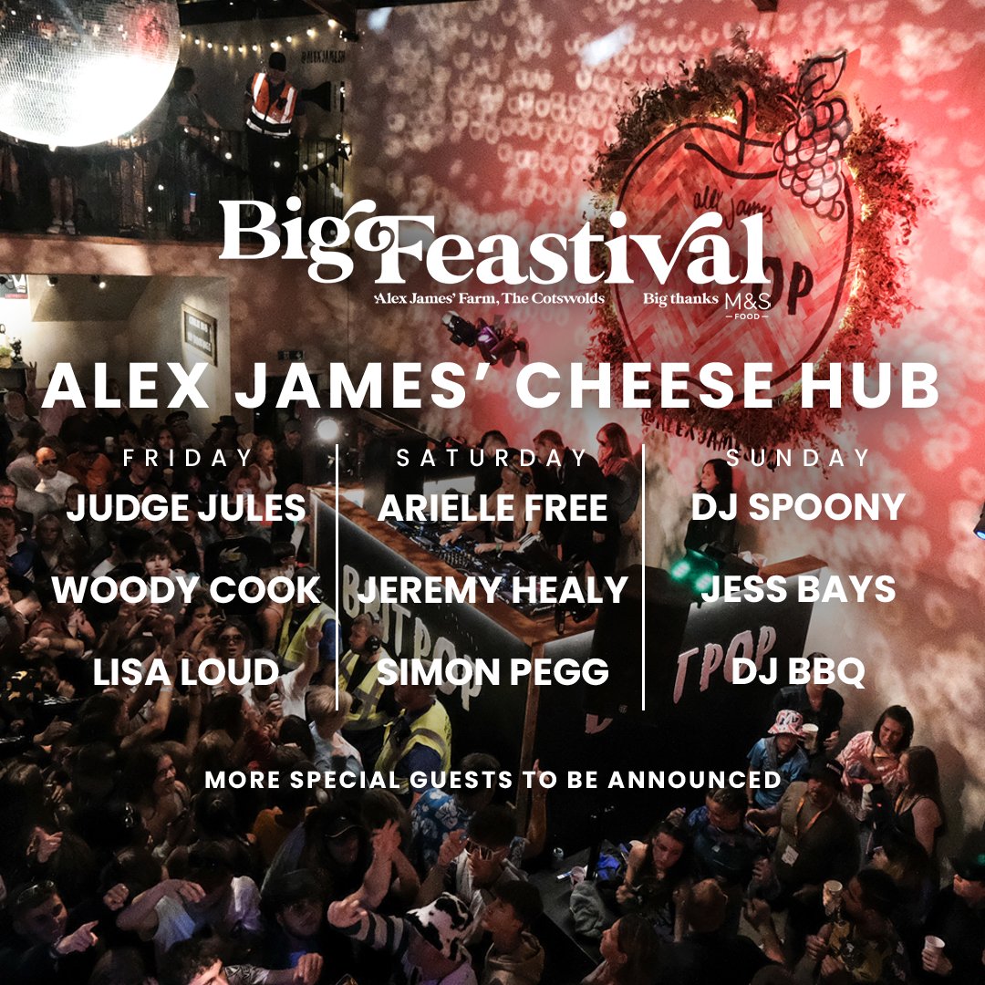 Alex James (@alexjameshq) on Twitter photo We're excited to return to the Cheese Hub this year.
Bangers will be flowing all weekend long with
<a href="/RealJudgeJules/">Judge Jules</a>, <a href="/ariellefree/">Arielle Free</a>,<a href="/DjLisaLoud/">Lisa Loud</a>, <a href="/DJSpoony/">DJ SPOONY</a>,<a href="/JEREMY_HEALY/">JEREMY HEALY</a>
@simonpegg,<a href="/jessbaysdj/">Jess Bays</a>, @dj_bbq & more!
<a href="/thebigfeastival/">Big Feastival</a> #TheBigFeastival #CheeseHub #CheeseHubBangers We're excited to return to the Cheese Hub this year.
Bangers will be flowing all weekend long with
<a href="/RealJudgeJules/">Judge Jules</a>, <a href="/ariellefree/">Arielle Free</a>,<a href="/DjLisaLoud/">Lisa Loud</a>, <a href="/DJSpoony/">DJ SPOONY</a>,<a href="/JEREMY_HEALY/">JEREMY HEALY</a>
@simonpegg,<a href="/jessbaysdj/">Jess Bays</a>, @dj_bbq & more!
<a href="/thebigfeastival/">Big Feastival</a> #TheBigFeastival #CheeseHub #CheeseHubBangers