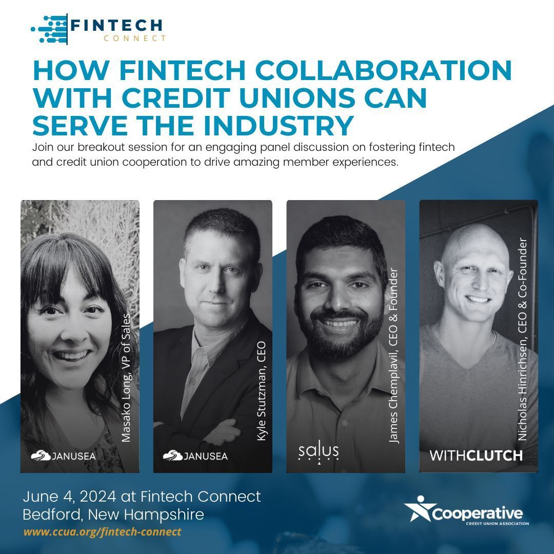 Join us at #FintechConnect in Bedford, NH on June 3-4 for a breakout session with @JanuseaInc, Salus, and Clutch leaders. Explore #fintech and #creditunion collaboration. Win a giveaway this week! Limited space. Register now: buff.ly/4bRwlCr #coopdifference #FintechFriday