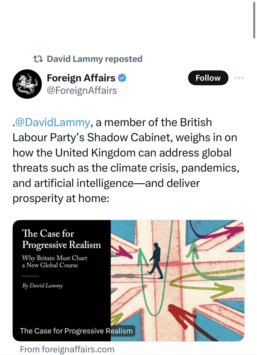 Lammy & Labour have hit on a new phrase to describe their forthcoming rogue state foreign policy - “progressive realism”. (Lol)

Am hearing that “War Crimes R Us” was rejected by the left of the party. 
“We Love Genocide” was vetoed by LFI. “Labour ❤️ CIA” was too obvious.