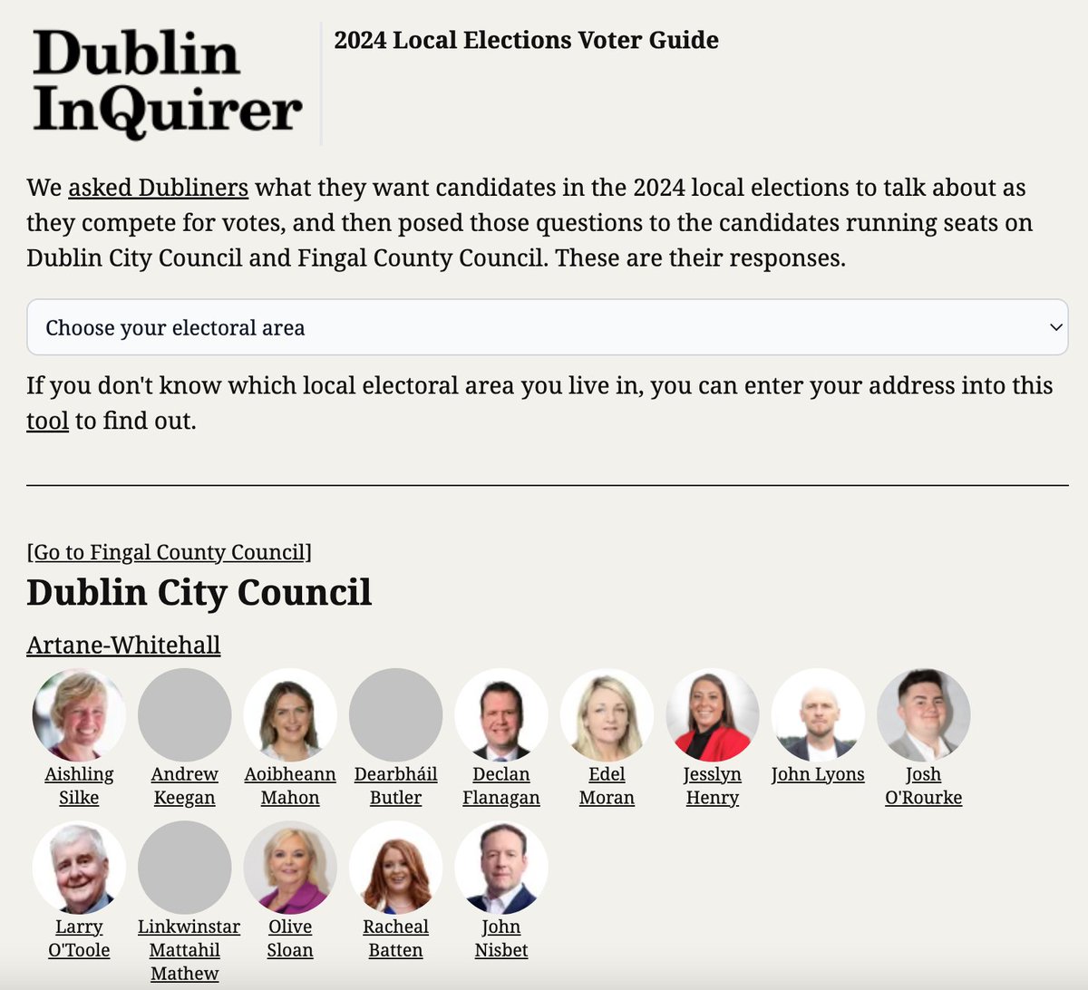 This is another brilliant (and free) resource from @DublinInquirer. Want to know who your candidates are for the upcoming local elections? Their priorities & plans for housing, transport etc? They're all here and sortable by DCC & Fingal districts. Great work @samtranum & co 👏🗳️