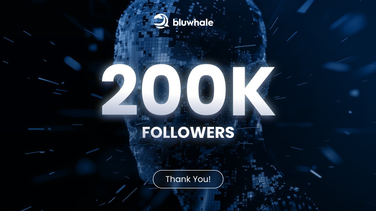📣We have reached 200,000 followers on X! Thank you!🐋 Earn $BLUAI drops by completing tasks on our quest platform. 👉$BLUAI Quest Platform: farm.bluwhale.com