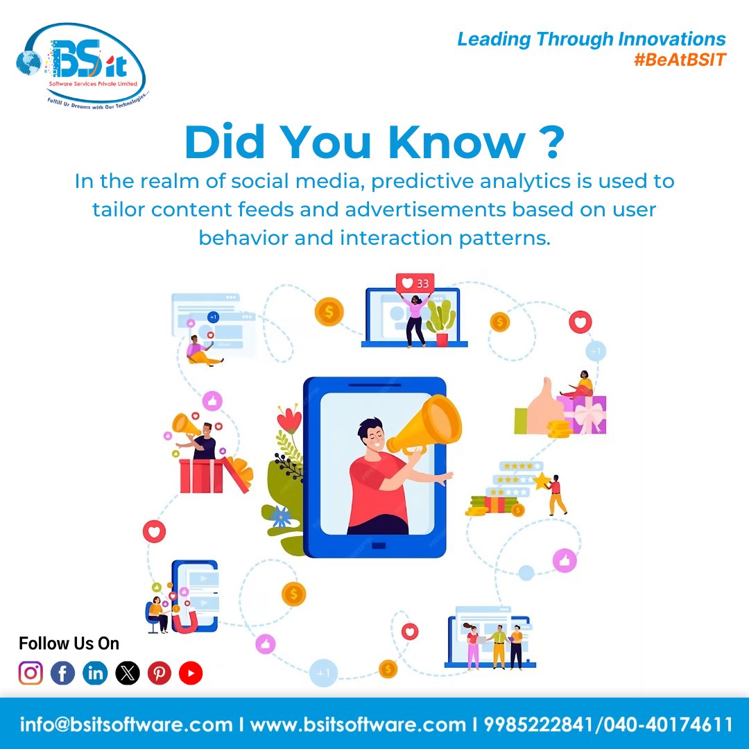 Unlock the power of predictive analytics in social media to personalize content feeds and ads based on user behavior.

#BSITSuccess #BestSoftwareCompany #bsitsoftware #bsit #teambsit #TeamBSIT #BeAtBSIT #bsitsoftwareservices #DidYouKnow #SocialMedia #PredictiveAnalytics