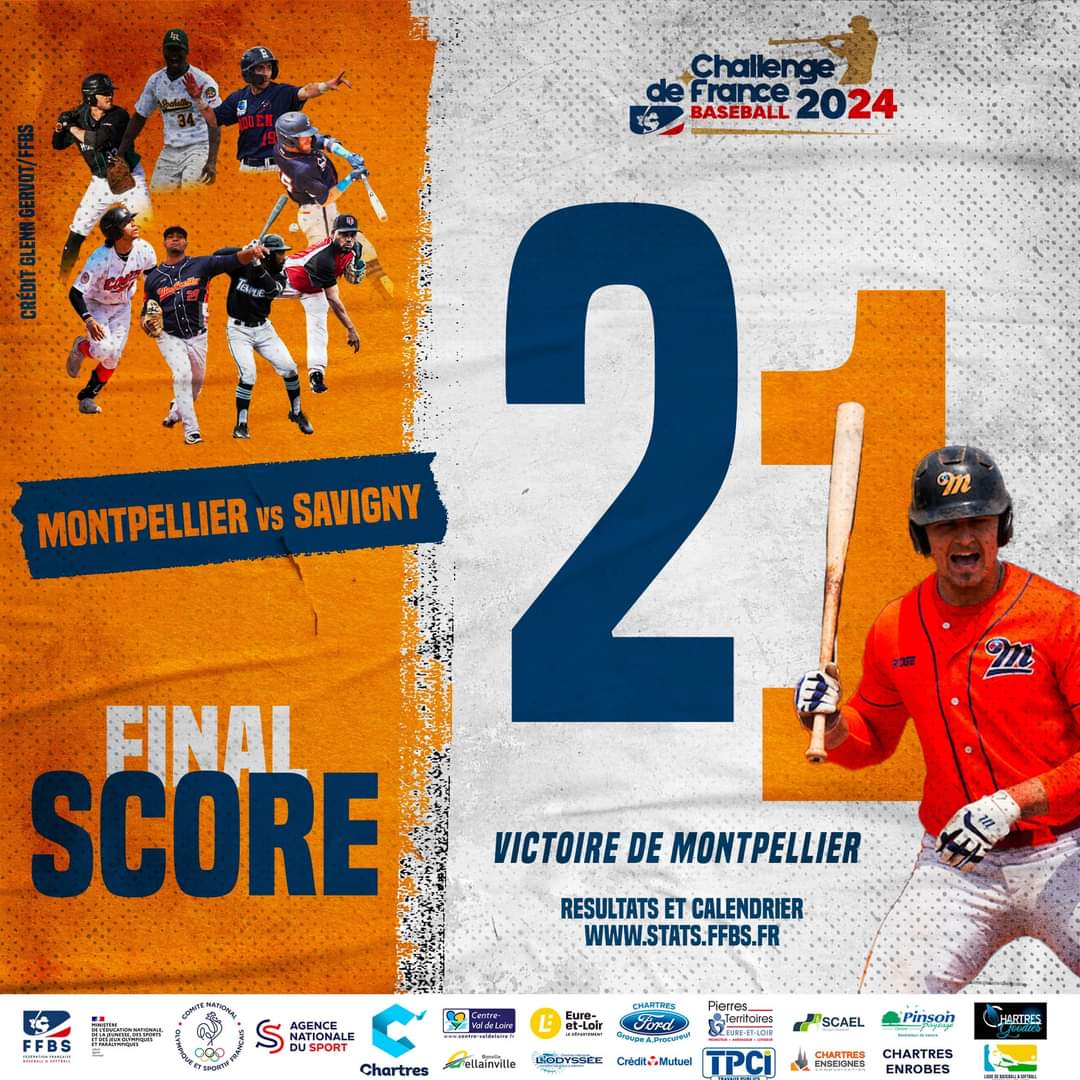 FINAL SCORE - Challenge de France Baseball 2024 ⚾️ À Chartres, victoire des @MUCBarracudas face au @SavignyBaseball : 2-1 ! ➡️ Plus d'informations sur stats.ffbs.fr #ChallengedeFrance #Baseball #France