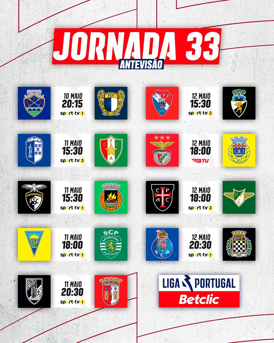 3️⃣ dias, 9️⃣ jogos e ainda 𝗠𝗨𝗜𝗧𝗢 𝗣𝗢𝗥 𝗗𝗘𝗖𝗜𝗗𝗜𝗥 ⚡️ Vais estar ao lado da tua equipa na 33.ª jornada da #LigaPortugalBetclic? 🤩 #LigaPortugal #CriaTalento #NãoPára