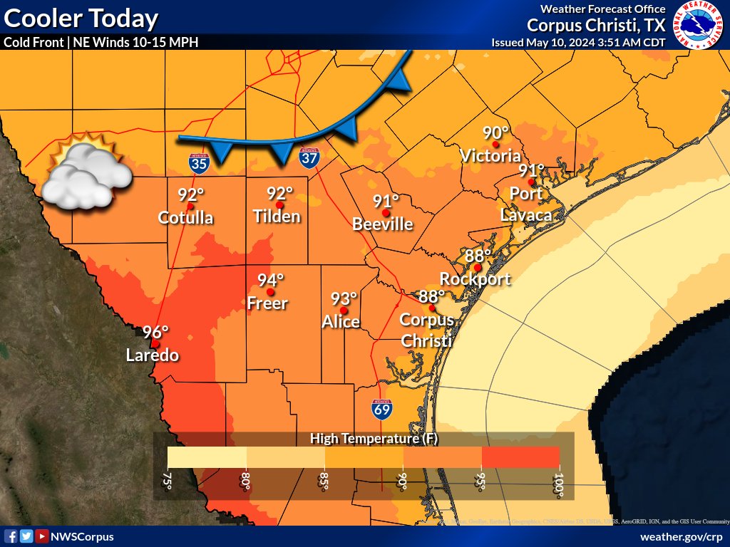 A frontal boundary moving across the region is expected to stall near our southern border but will bring 'cooler' temperatures this afternoon. Mostly cloudy skies and northeast winds around 10-15 MPH will accompany these conditions. #stxwx #txwx