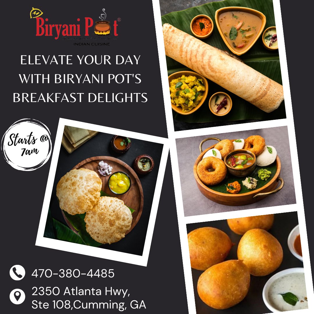Start your day with a burst of flavor! Dive into our delicious breakfast spread featuring fluffy idlis, crispy vadas, and savory dosas. Join us for a morning filled with culinary delights! 🌞🍳 #BreakfastBliss #MorningIndulgence #FlavorfulStart #biryanipot #johnscreek #cumming