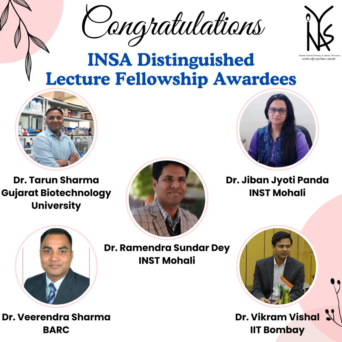 🏅🚀INYAS congratulates its esteemed members, Dr. Tarun Sharma, Dr. Jiban Jyoti Panda, Dr. Ramendra Sundar Dey, Dr. Veerendra Sharma and Dr. Vikram Vishal on being selected for the INSA Distinguished Lecture Fellowship.