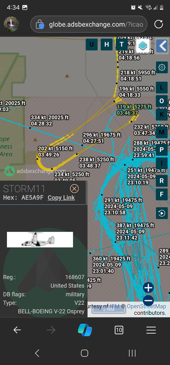 #AE5F99 as #ARRIS88 After 5 and hours of racetrack pattern they're finished and headed back towards Edwards AFB KEDW.
#AE5A9F as #STORM11 flew a racetrack pattern at 5100 to just over 5200 feet in the far northwestern corner of WSMR. Now returning to Kirkland AFB KABQ.
#BOE8BX
