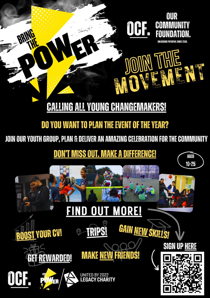 We are Bringing The Power to Birmingham very soon! Aged 10 -25? join our team to plan and execute Bring the Power, a youth-led community event commissioned by @UnitedBy2022 @birminghamcg22 Scan QR code, sign up today! #sport #exercise #lifeskills #confidence #resilience