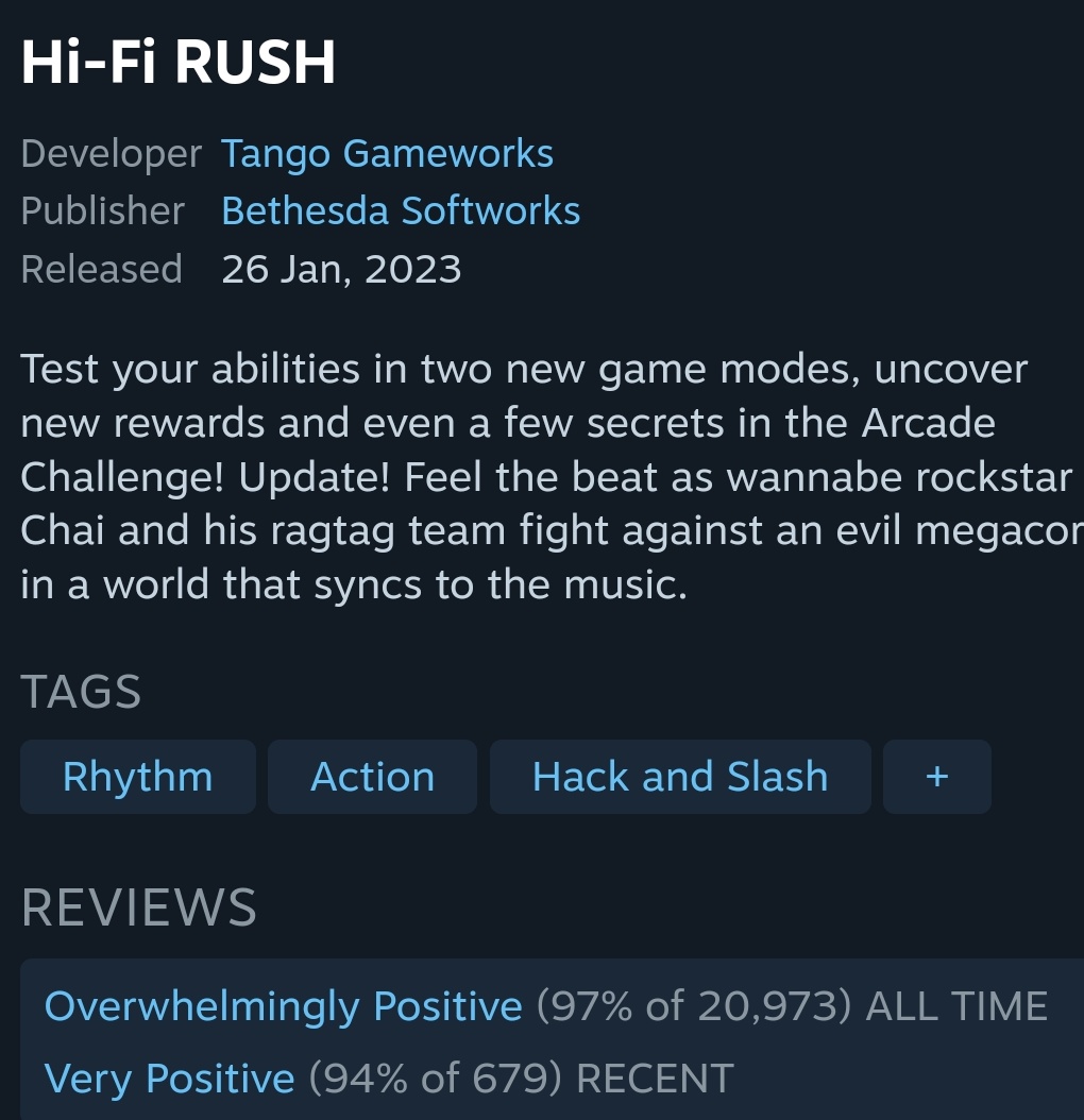 Steam users are review-bombing Hi-Fi RUSH after Tango's gameworks closure but Positively......it is now Xbox and Bethesda's highest-rated VideoGame ever.