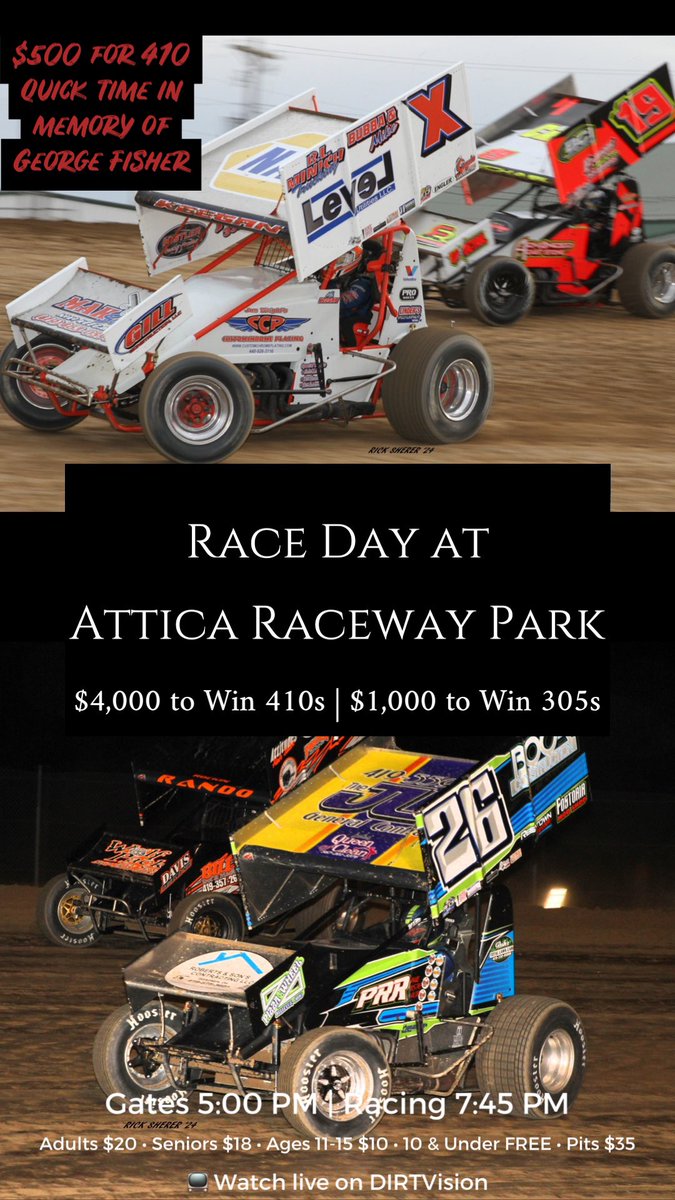 IT’S RACE DAY 👏🏼 📍@atticaracewyprk 💰$4,000 to Win 410s 💰$1,000 to Win 305s 🤑 $500 to 410 Quick Time in memory of George Fisher thanks to @CH1Muddy 🎟️ 5:00 PM 🏁 7:45 PM 📺 Watch live on @dirtvision