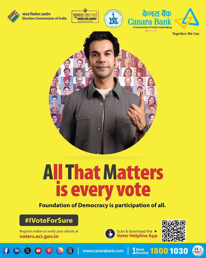 Your vote makes a difference in shaping a better tomorrow. Together, let's make our voices heard!   

#CanaraBank #IVoteforsure #LokSabhaElection2024