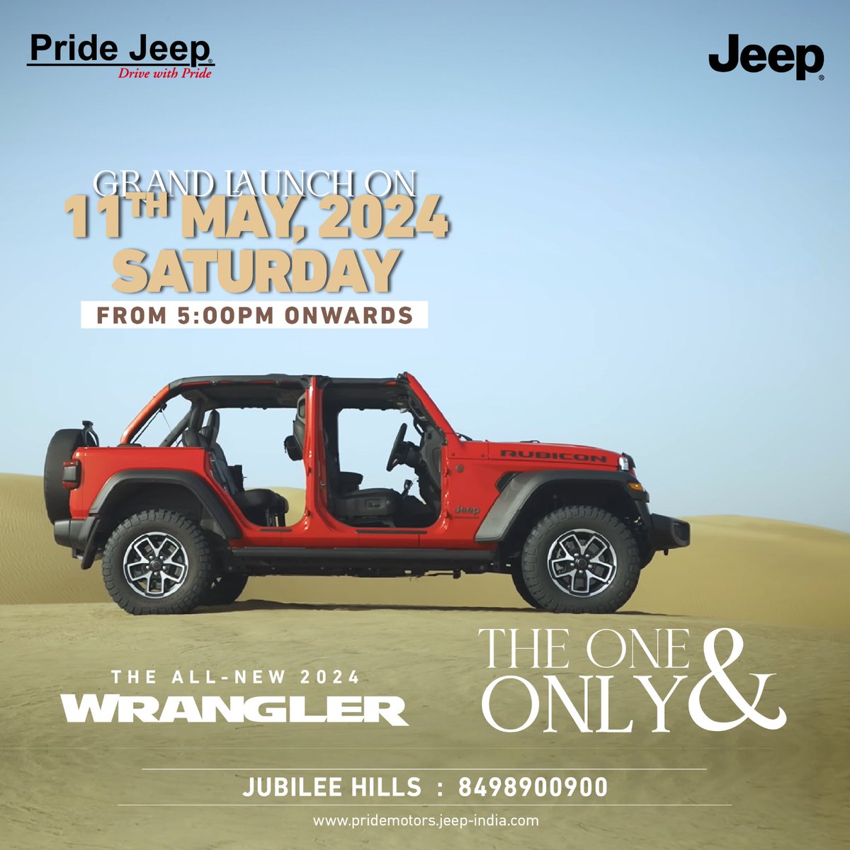 This Saturday, we're ready to welcome the all-new 2024 Wrangler. Join us as we launch it for you to gear up for your adventures.

#Pridejeep #PrideJeepHyderabad #jeepcars #jeeplife #jeepindia #suv #suvcars #jeepsuv #jeepwrangler #wrangler #wranglerlovers #jeepwranglerrubicon