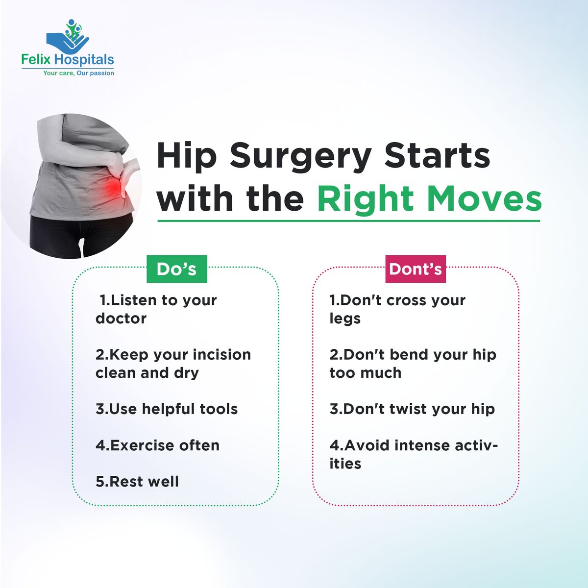 Follow your doctor's do's and don'ts after hip surgery for a smooth recovery. Keep the incision clean, rest, and eat well. If worried, consult your doctor. Here's to a speedy recovery!🙌 #HipSurgeryRecovery #PatientEducation #Doctors #HipSurgery #journey #RecoveryJourney