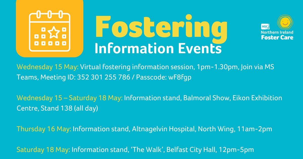 Check out where our fostering teams will be this week👇

Details about more upcoming fostering events:
adoptionandfostercare.hscni.net/upcoming-foste…

#CouldYouFoster #HSCNIFosterCare